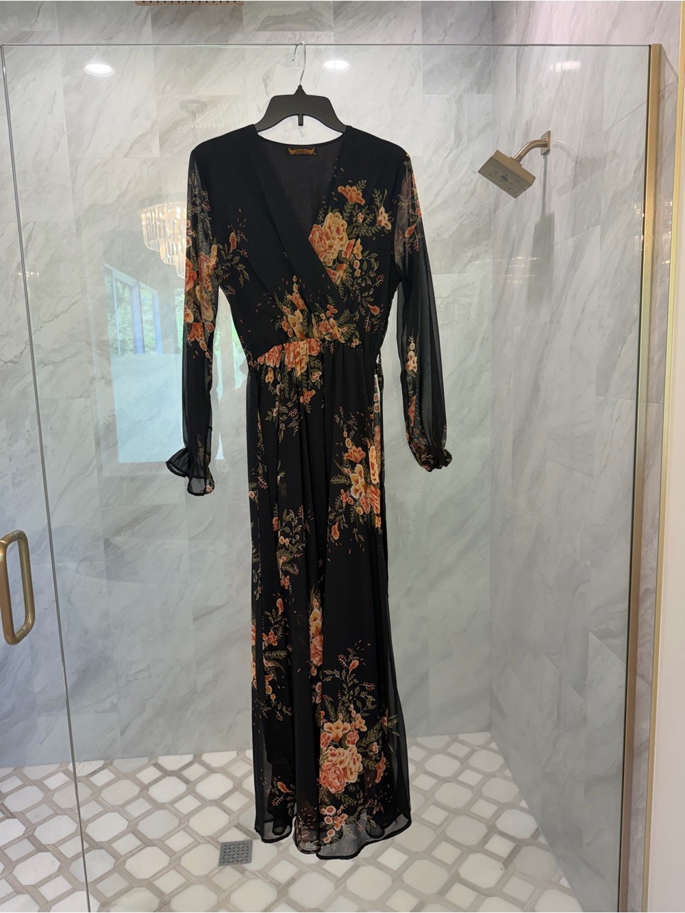 Floral Black Maxi Wrap Dress - Elegant Women’s Evening Gown